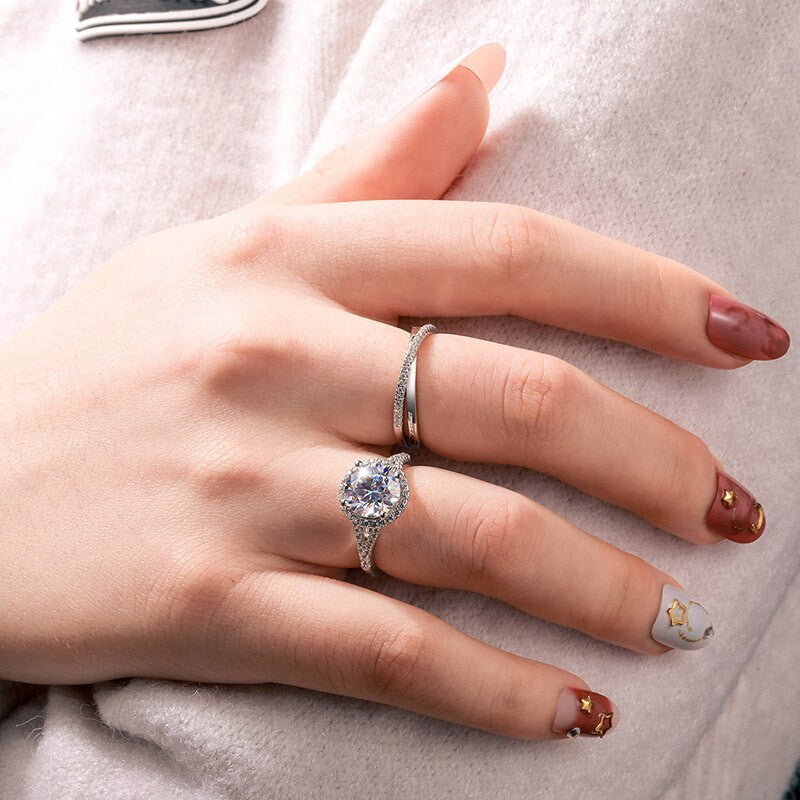 Ladies 3CT Genuine VVS Lab Diamond 9mm Round Cut Double Halo 925 Sterling Silver Rings