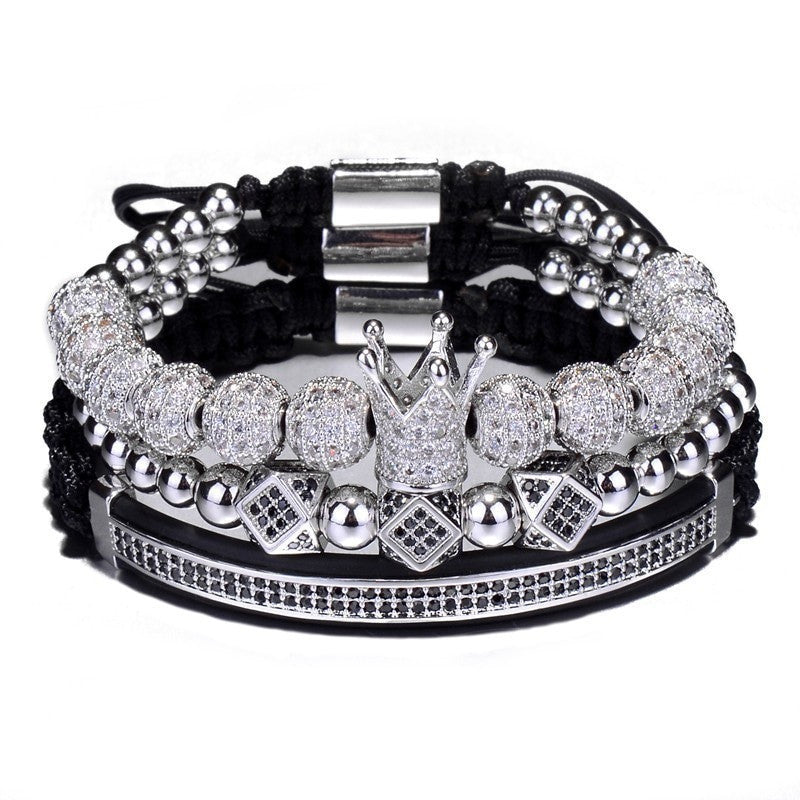8mm AAA+ Micro Pave 3 Piece Mens Luxury Ball chain Braided Kings Crown Bracelet Set