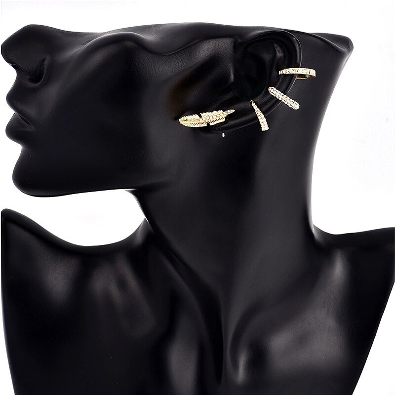 Ladies Single Ear 4 Pcs/Set Bohemian Crystal Leaf Round Gold Ear Clip Set