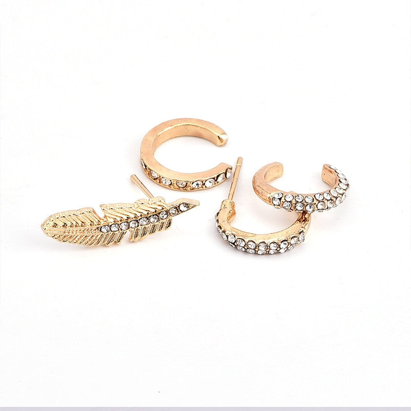 Ladies Single Ear 4 Pcs/Set Bohemian Crystal Leaf Round Gold Ear Clip Set