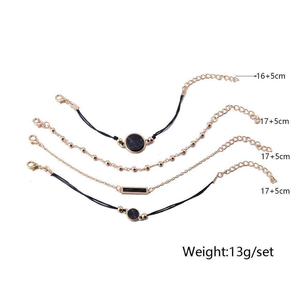 4 Piece Boho Bohemian Round Black Bead Gold Fashion Bracelet Set