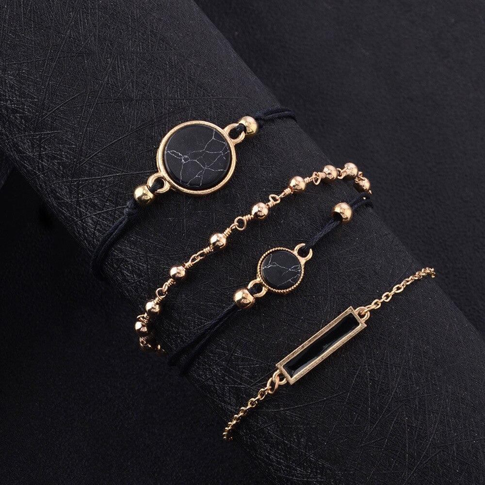 4 Piece Boho Bohemian Round Black Bead Gold Fashion Bracelet Set