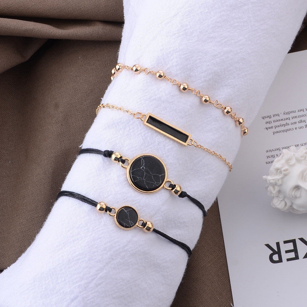 4 Piece Boho Bohemian Round Black Bead Gold Fashion Bracelet Set
