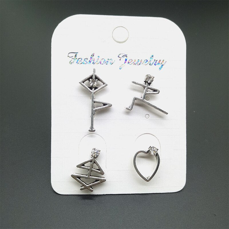 Ladies Personality Girl Boho Retro Hollow Heart Crystal Yoga Silver Earrings Jewelry Set