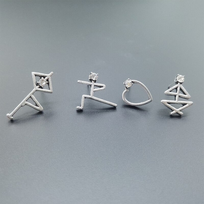 Ladies Personality Girl Boho Retro Hollow Heart Crystal Yoga Silver Earrings Jewelry Set