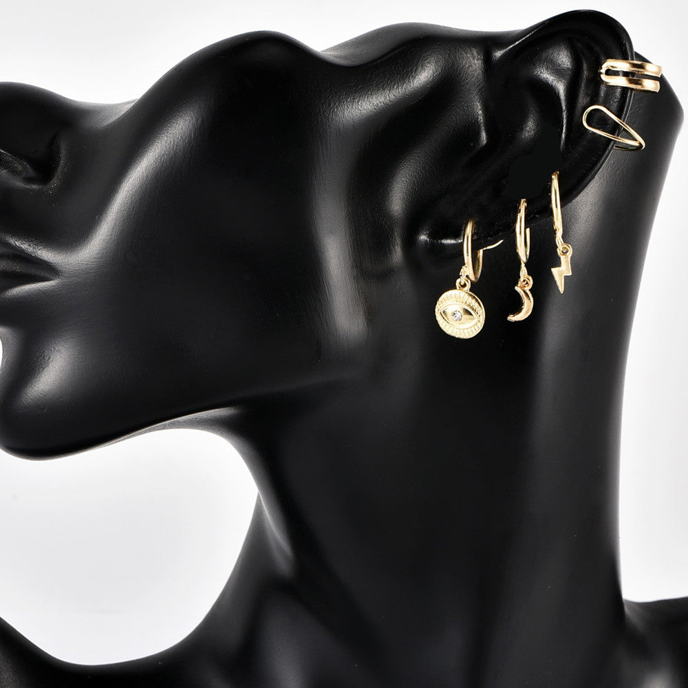 Fashion Eye Moon Lightning 5 Piece Gold Hanging Stud Boho Earrings Jewelry Sets