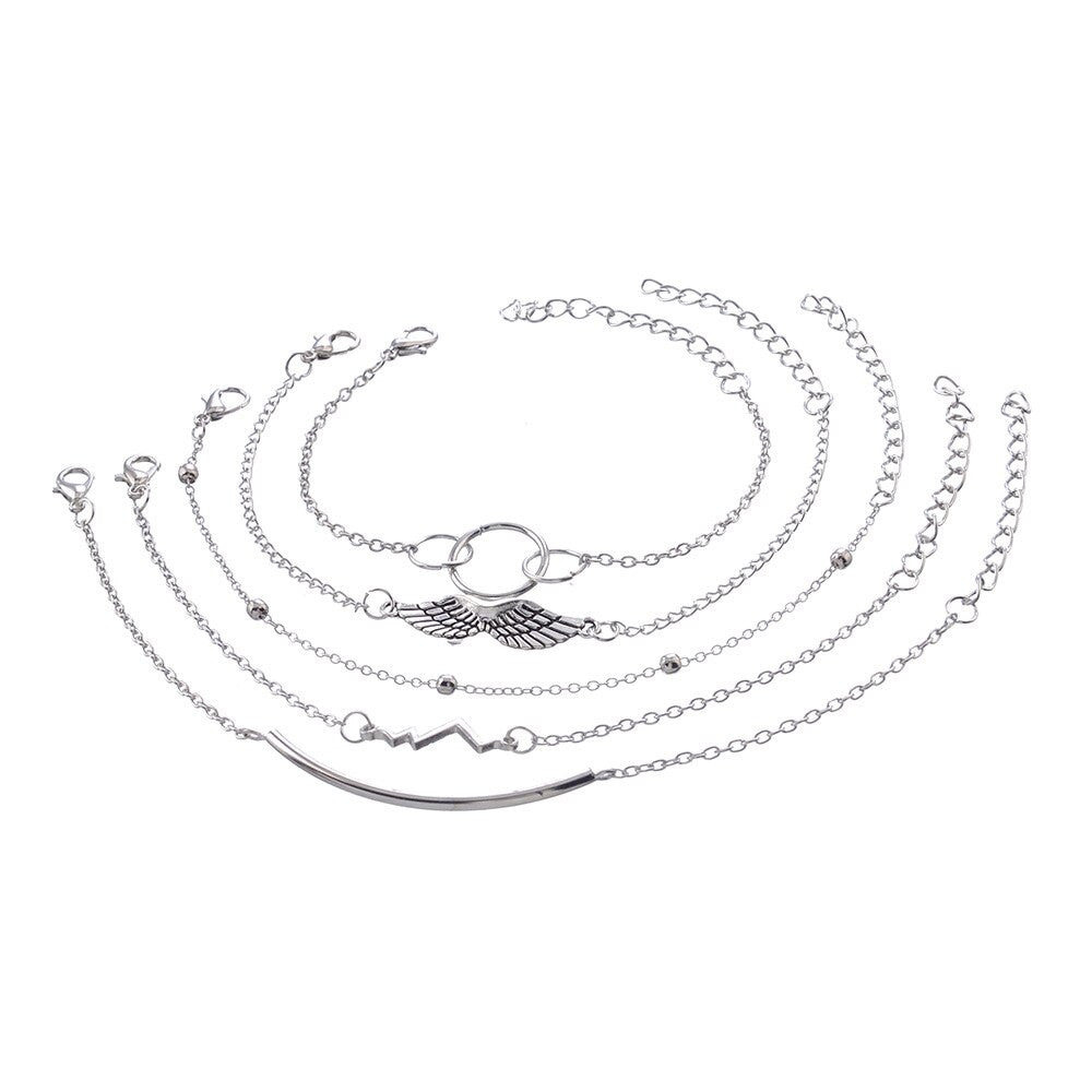 Angel Wings Boho Retro Circle Chain Heartbeat Silver Beaded Charm Bracelets Set