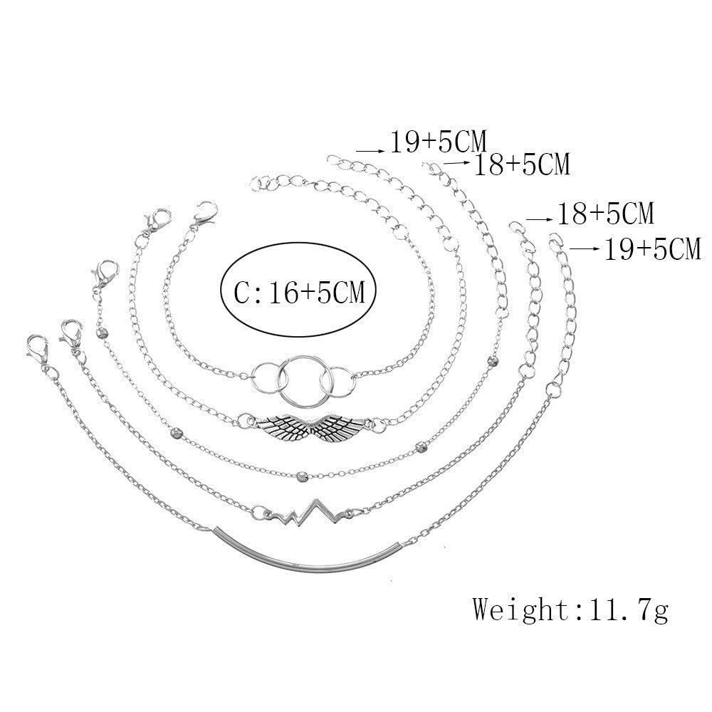 Angel Wings Boho Retro Circle Chain Heartbeat Silver Beaded Charm Bracelets Set