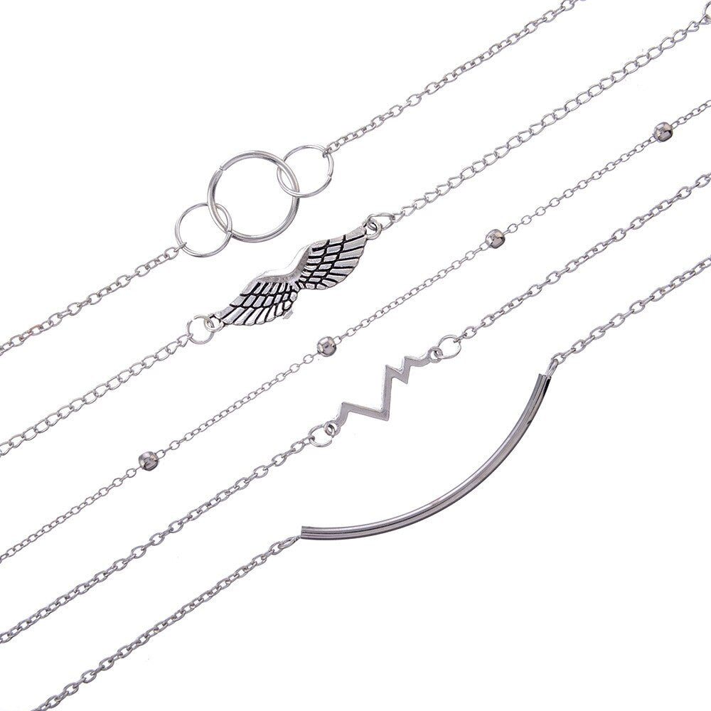 Angel Wings Boho Retro Circle Chain Heartbeat Silver Beaded Charm Bracelets Set