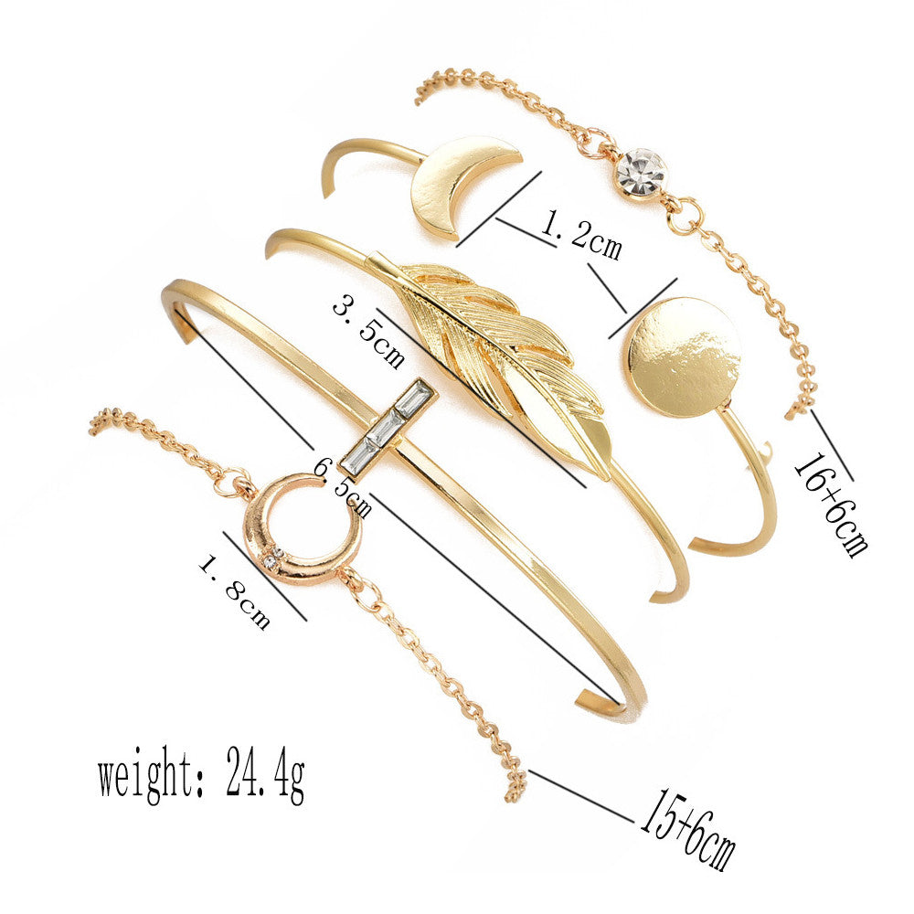Gold Moon Leaf Crystal Open Cuff 5 Piece Bracelet Jewelry Set