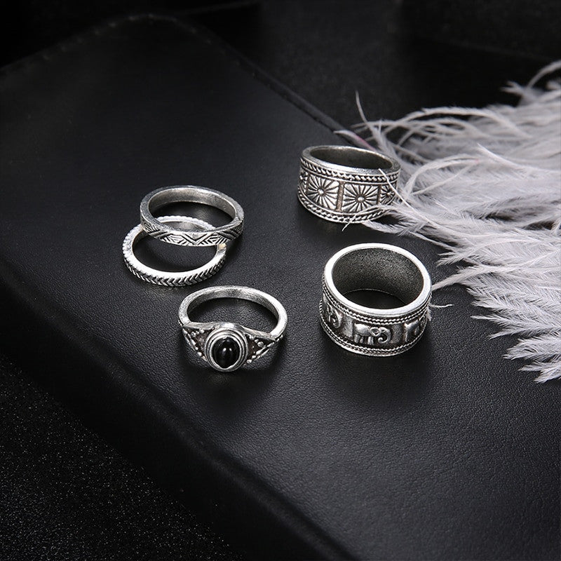Ladies 5 Piece Bohemia Retro Elephant Arrow Round Gemstone Jewelry Ring Set
