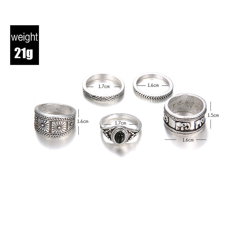 Ladies 5 Piece Bohemia Retro Elephant Arrow Round Gemstone Jewelry Ring Set