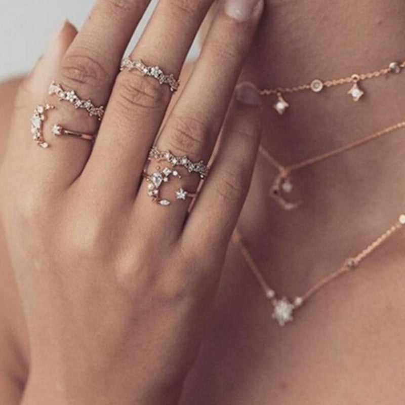Ladies 5 Piece Fashion Bohemia Retro Crystal Moon Star Personality Girl Silver Ring Jewelry Set