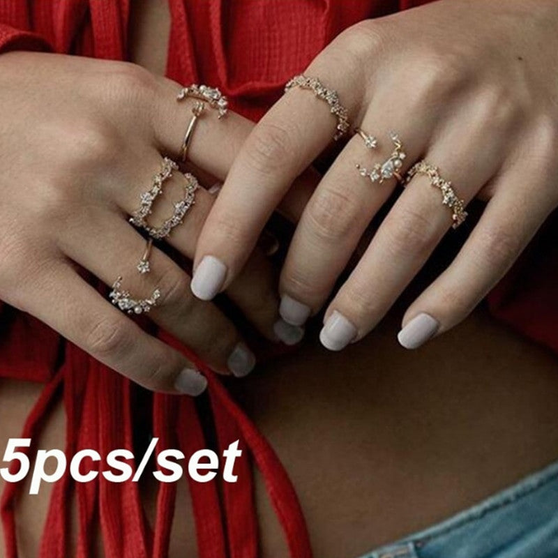 Ladies 5 Piece Fashion Bohemia Retro Crystal Moon Star Personality Girl Silver Ring Jewelry Set