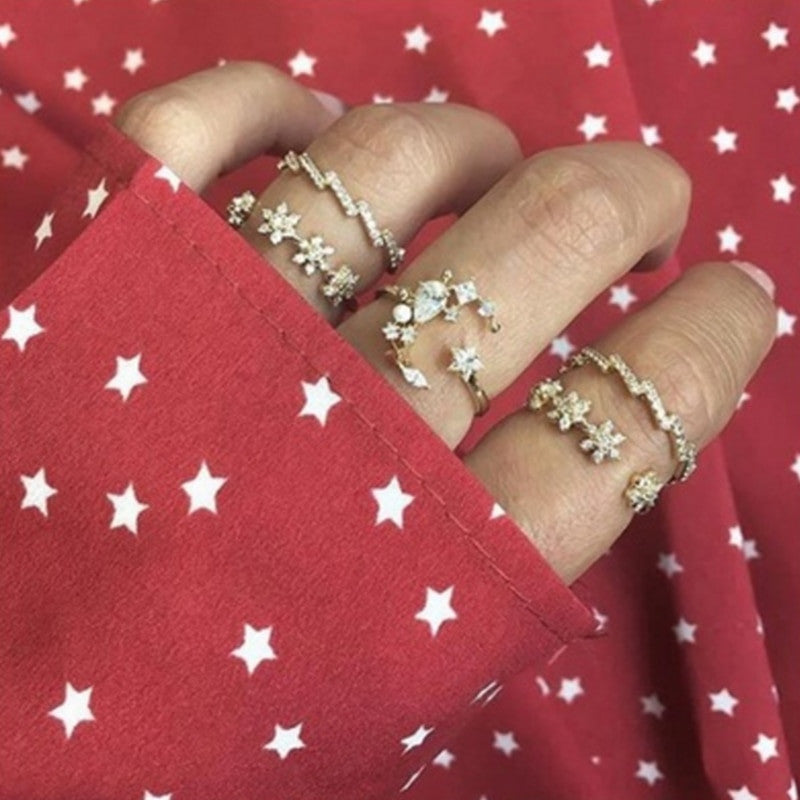 Ladies 5 Piece Fashion Bohemia Retro Crystal Moon Star Personality Girl Silver Ring Jewelry Set