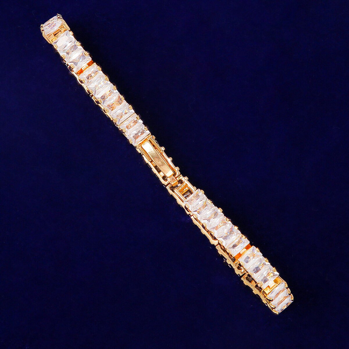 24k Gold 925 Silver Baguette Stone 5mm Iced Tennis Chain Bracelet