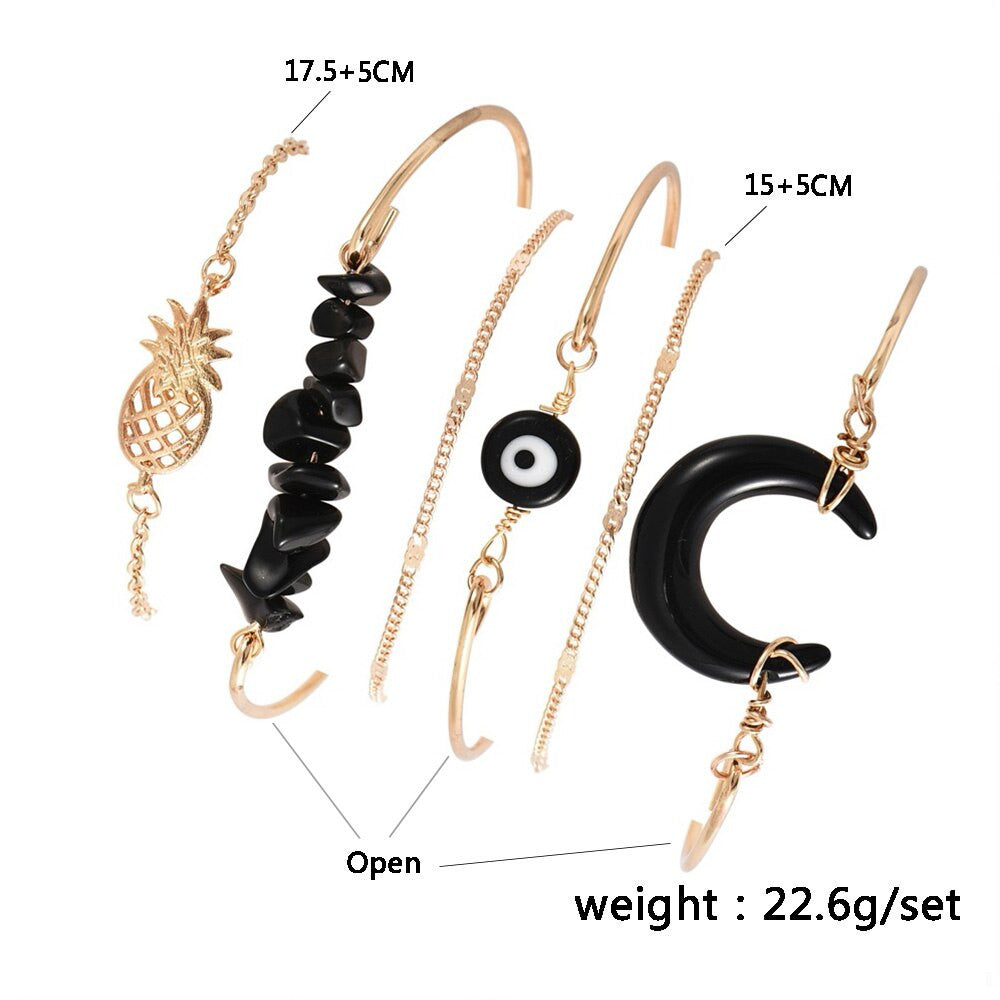 Black Gem Moon Eye 6 Pcs Boho Pineapple Chain Beaded Gold Bracelet Set