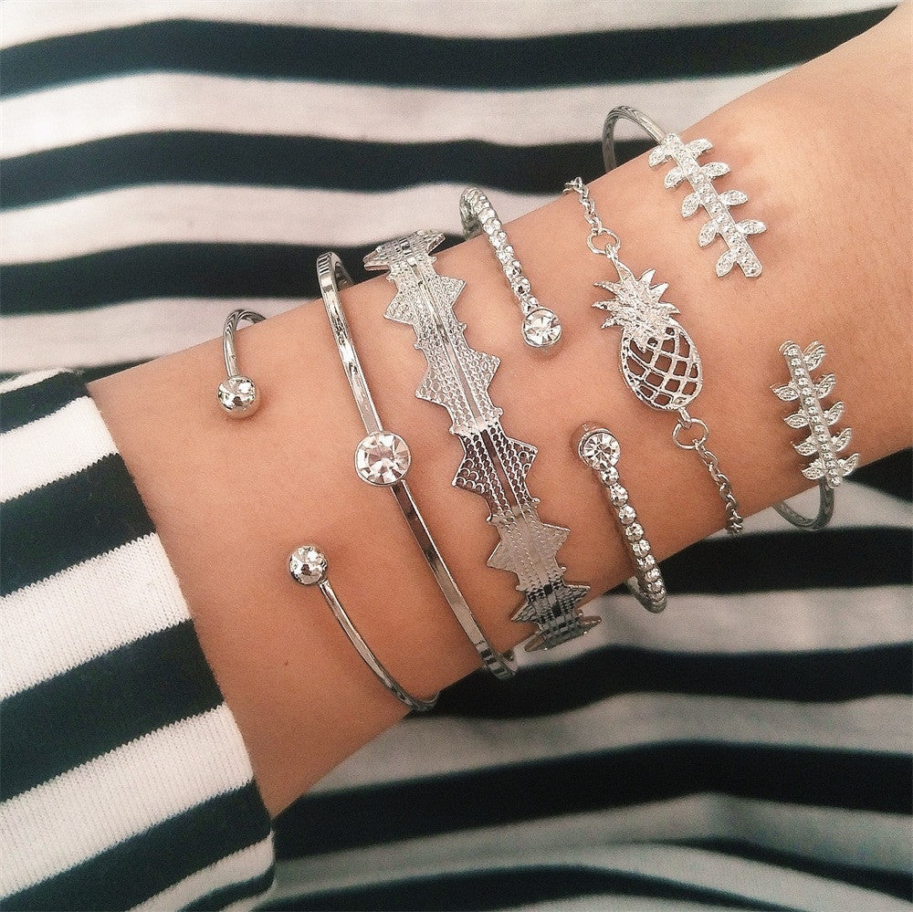 Personality Girl Pineapple Vintage Look Fashion Silver Bracelet Jewelry Set