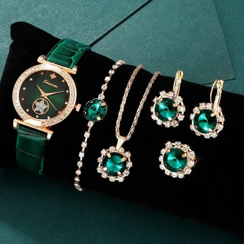 Ladies 6 Piece Luxury Gold Tone Green Rhinestone Earrings Watch Bracelet Necklace Set
