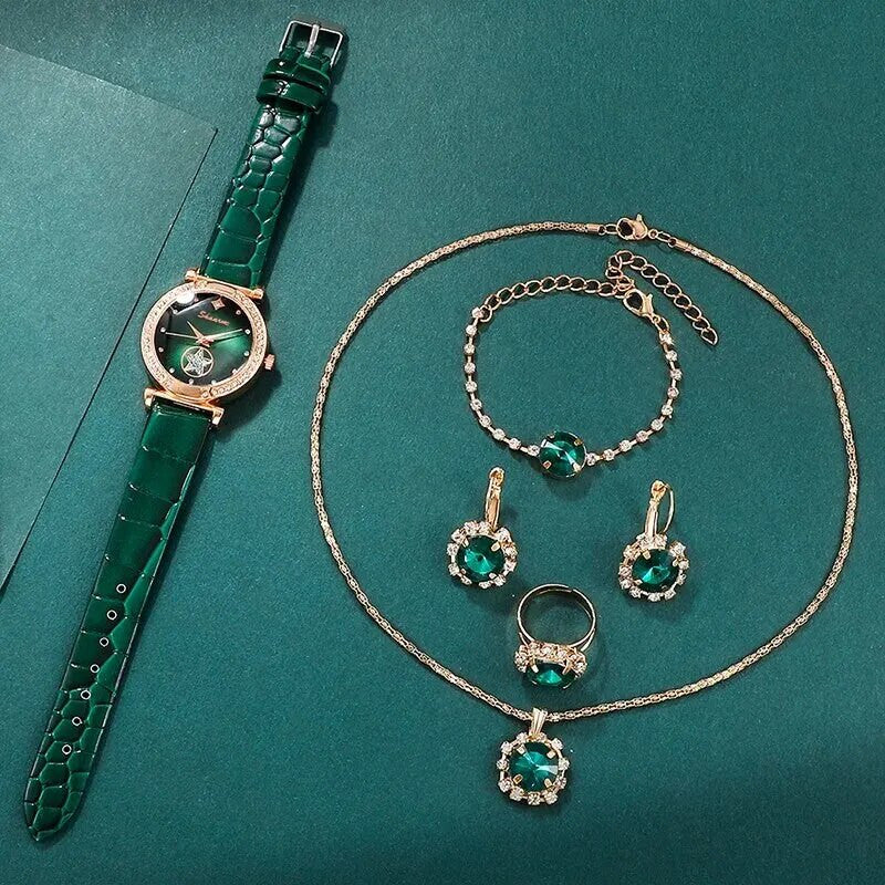 Ladies 6 Piece Luxury Gold Tone Green Rhinestone Earrings Watch Bracelet Necklace Set