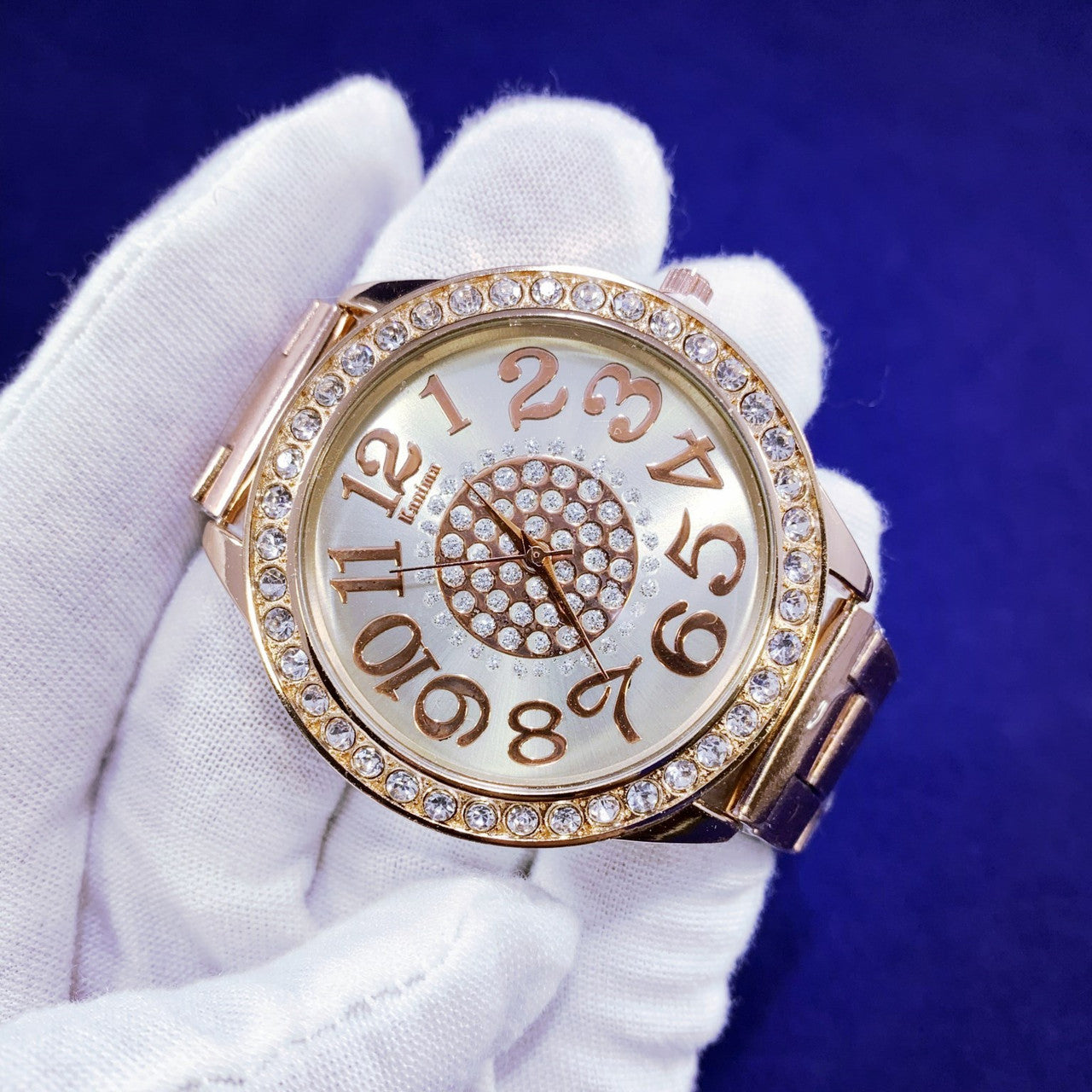 Mens Luxury Boys Stainless Steel Pointer Iced Blinged Out Wrist Watch Rose Gold