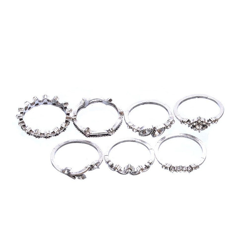 Fashion Crystal Leaf 7 Piece Boho Crown CZ Silver Joint Ring Jewelry Set