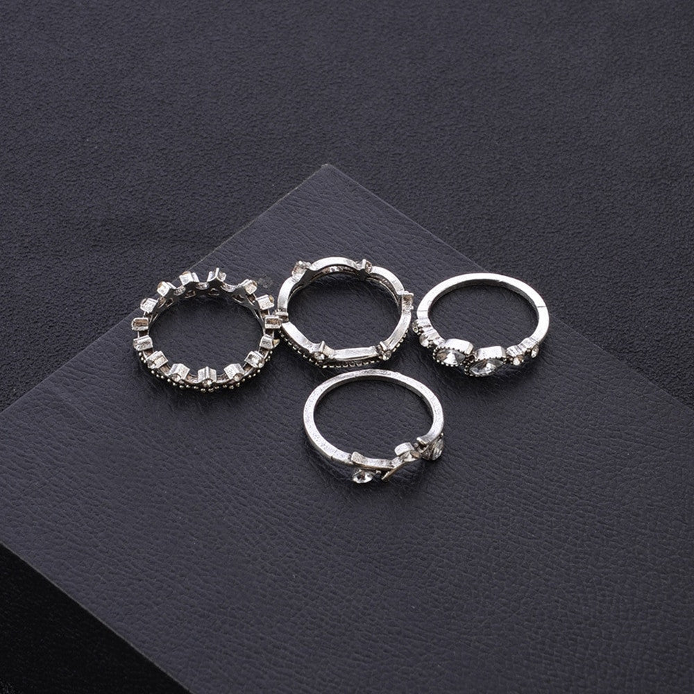 Fashion Crystal Leaf 7 Piece Boho Crown CZ Silver Joint Ring Jewelry Set