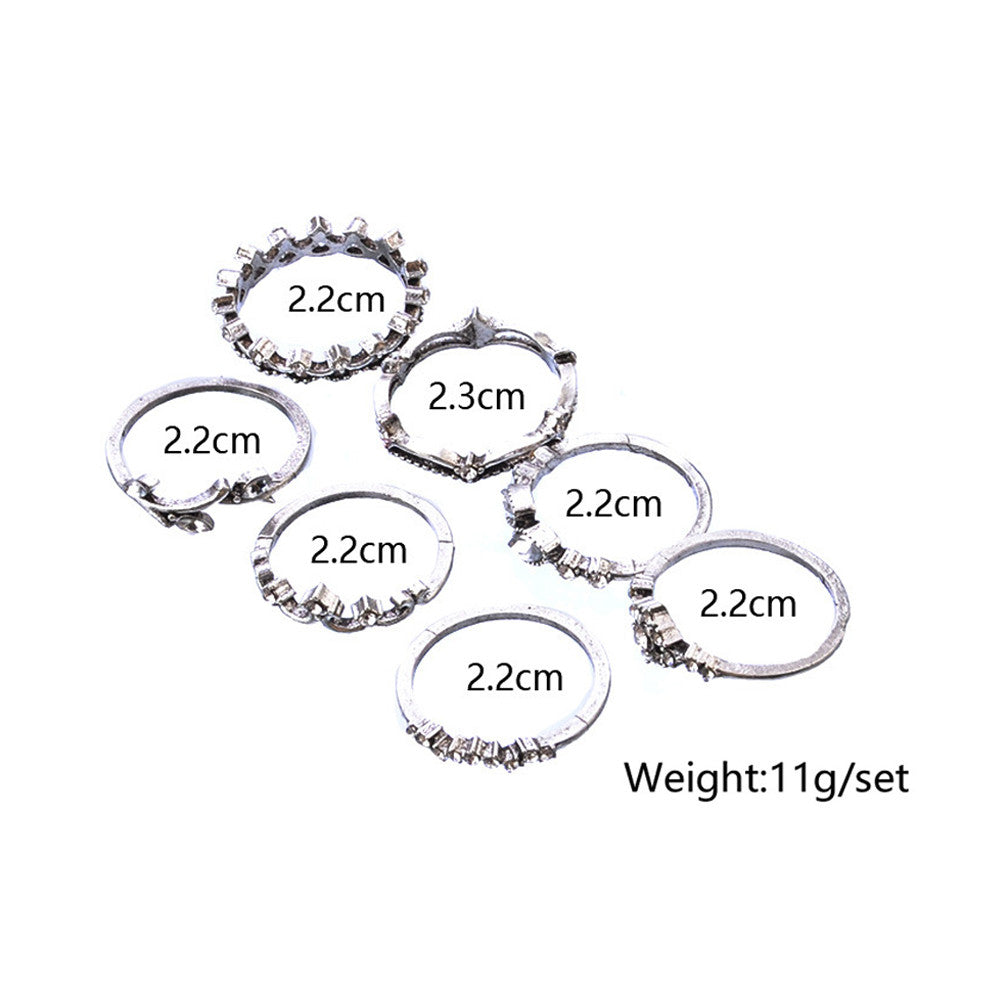 Fashion Crystal Leaf 7 Piece Boho Crown CZ Silver Joint Ring Jewelry Set