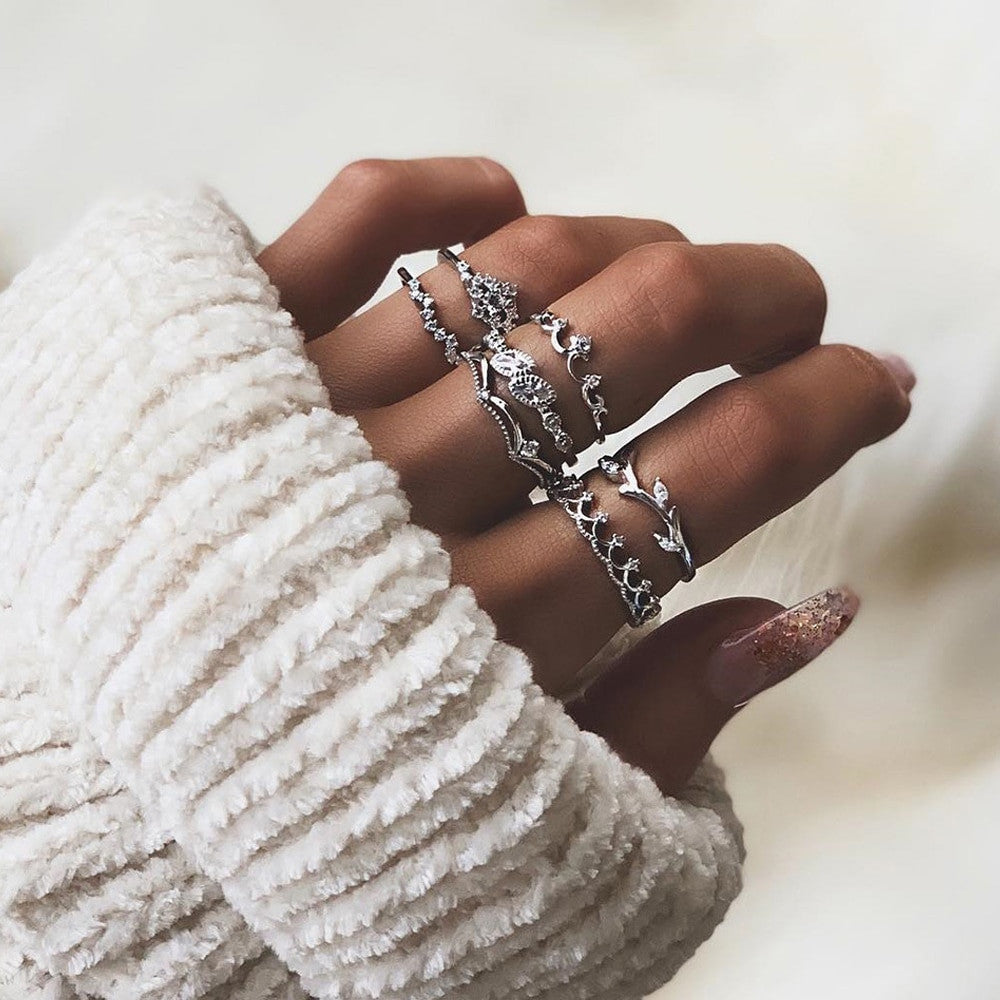 Fashion Crystal Leaf 7 Piece Boho Crown CZ Silver Joint Ring Jewelry Set