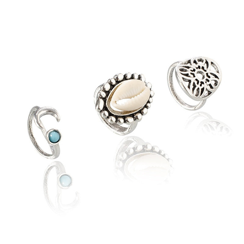 Ladies Silver 7 Piece Shell Moon Gem Retro Boho Fashion Ring Jewelry Set