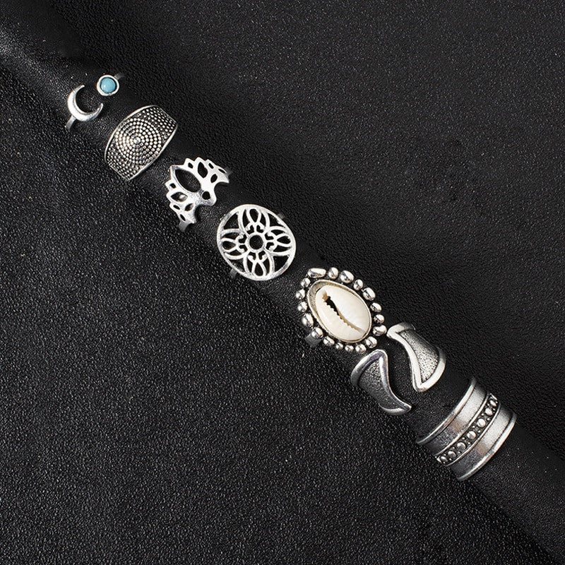 Ladies Silver 7 Piece Shell Moon Gem Retro Boho Fashion Ring Jewelry Set