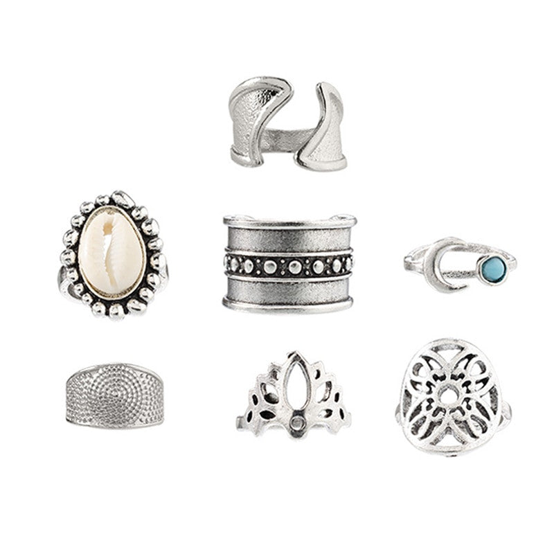 Ladies Silver 7 Piece Shell Moon Gem Retro Boho Fashion Ring Jewelry Set