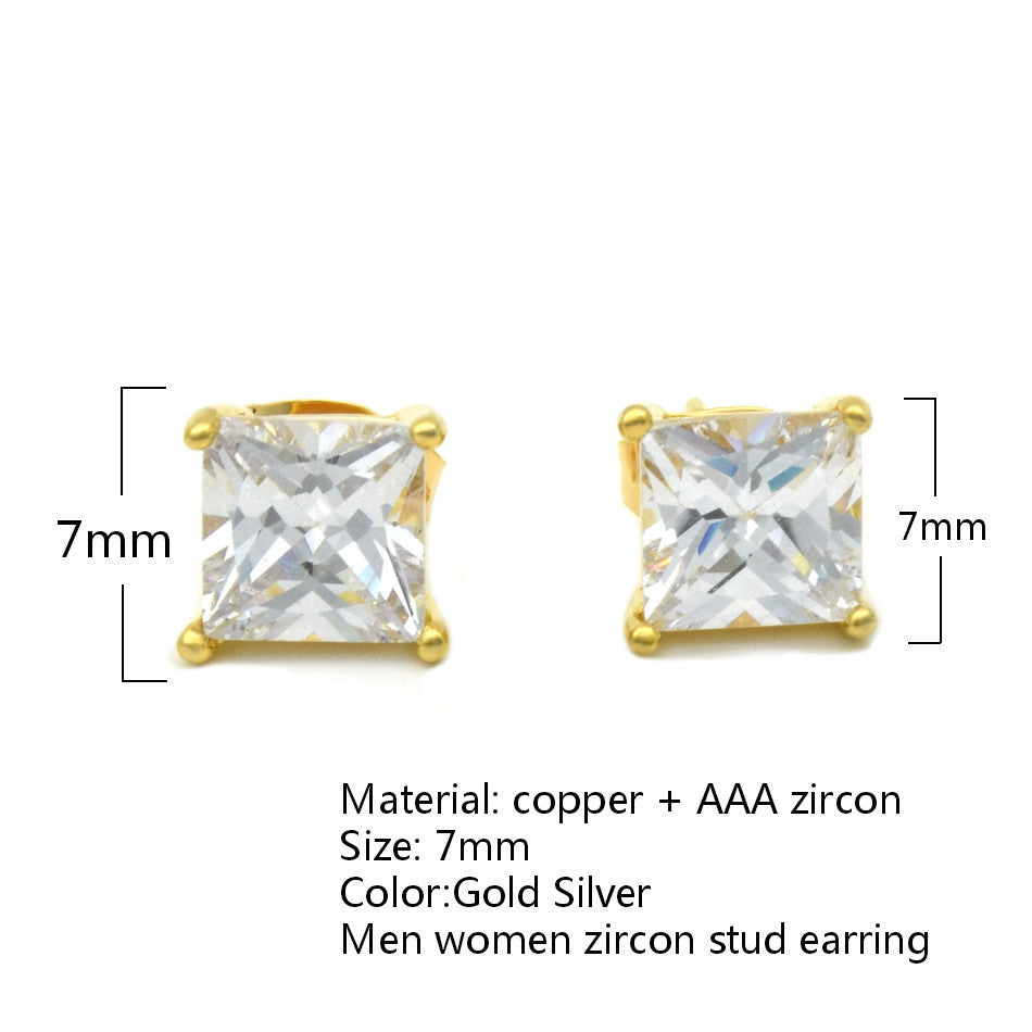 7mm AAA Square Princess Cut Bling CZ 24k 925 Silver Copper Base Hip Hop Earrings