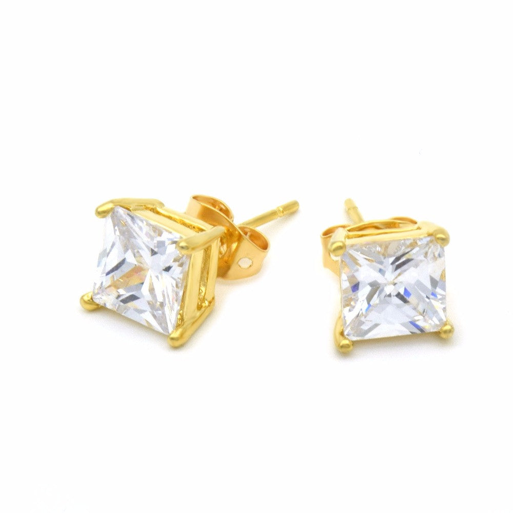7mm AAA Square Princess Cut Bling CZ 24k 925 Silver Copper Base Hip Hop Earrings