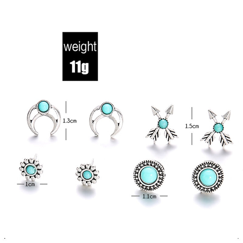 Turquoise Vintage 8 Piece Silver Arrow Moon Flower Gem Round Earring Jewelry Set