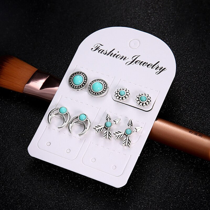 Turquoise Vintage 8 Piece Silver Arrow Moon Flower Gem Round Earring Jewelry Set