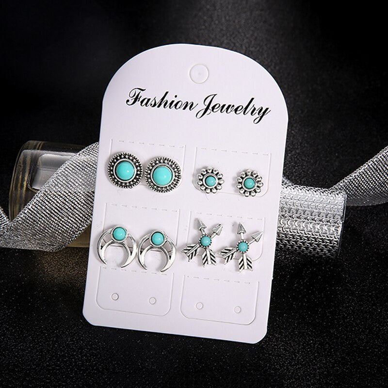 Turquoise Vintage 8 Piece Silver Arrow Moon Flower Gem Round Earring Jewelry Set