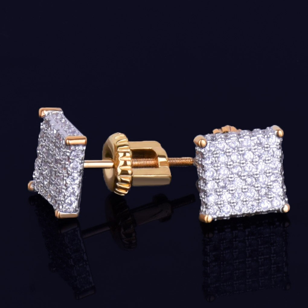 Four Corners | Gold .925 Silver 8MM Gold Silver Super Iced Square Stud Hip Hop Earrings