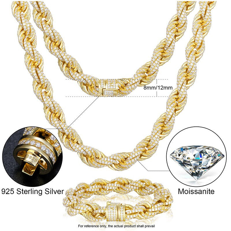 Mens Genuine VVS Diamond 8mm/12mm Iced Blinged Out Rope Link Sterling Silver Chain Bracelet