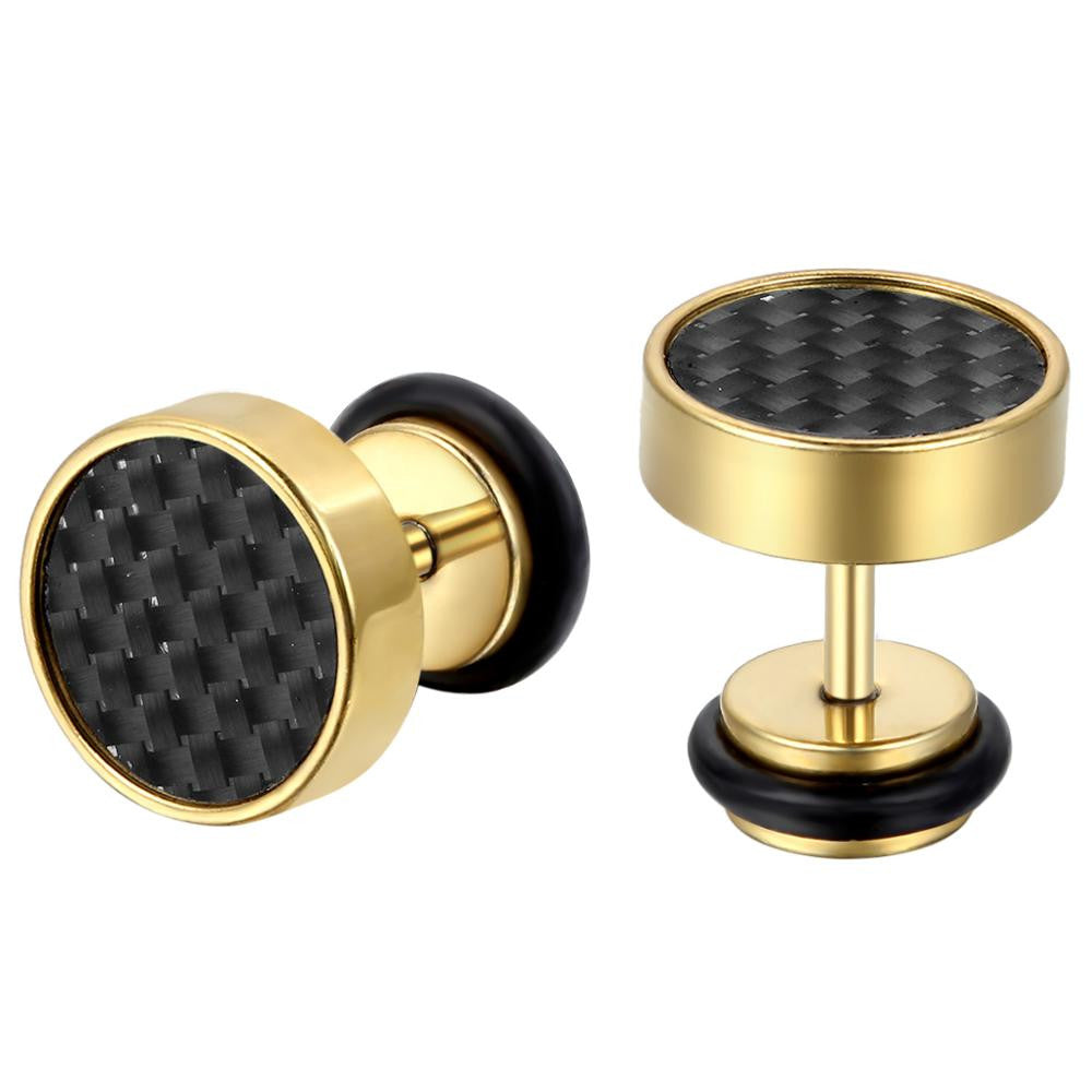 Stainless Steel Illusion Carbon Fiber Tunnel Plug Gold Silver Black Stud Screw Back Earrings
