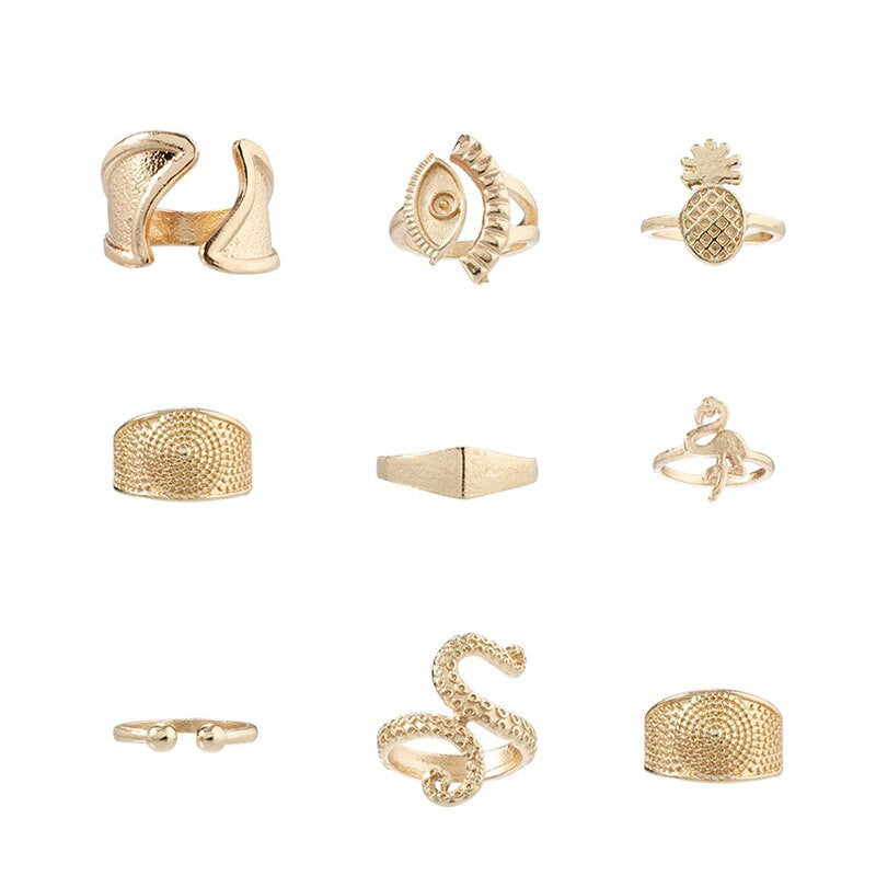 Ladies 9 Piece Retro Fashion Gold Octopus Pineapple Eye Gold Jewelry Ring Set