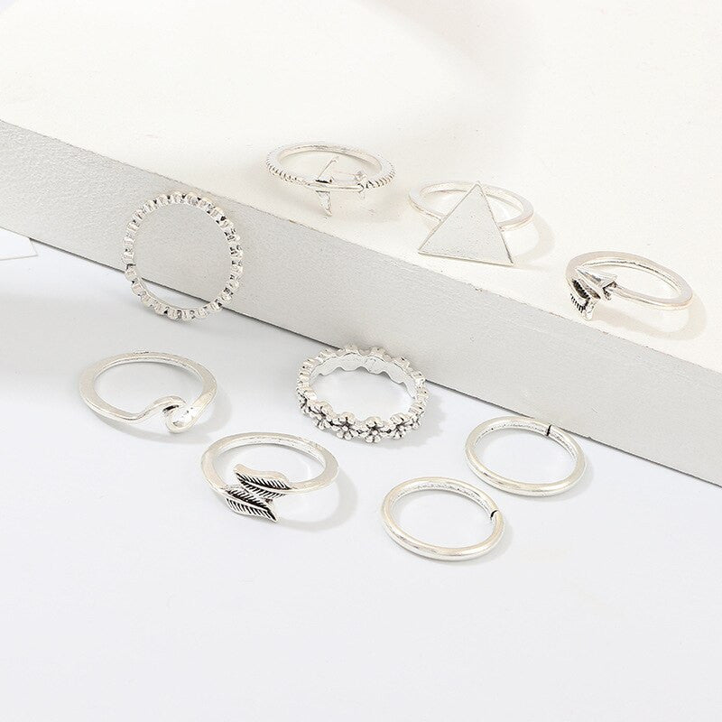 World Traveler 9 Piece Vintage Style Silver Triangle Leaf Airplane Arrow Fashion Ring Set