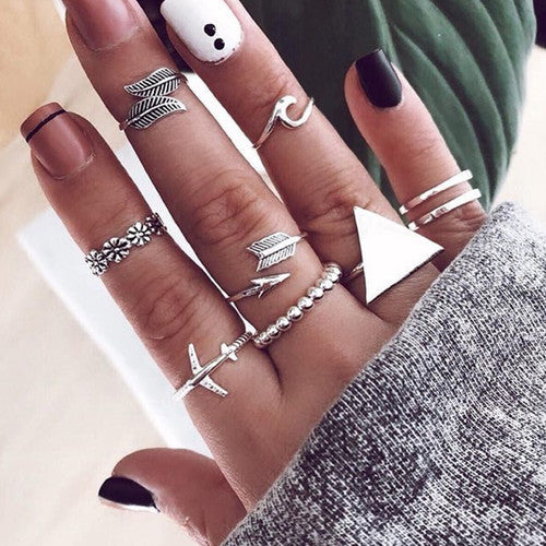 World Traveler 9 Piece Vintage Style Silver Triangle Leaf Airplane Arrow Fashion Ring Set