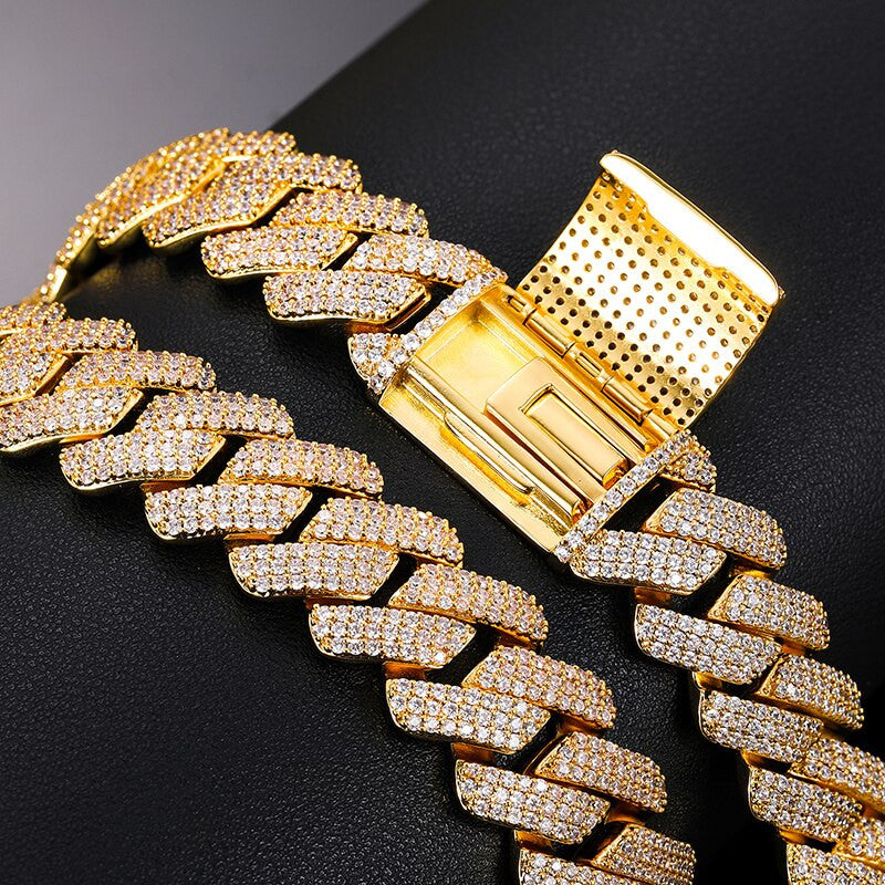 Mens VVS Simulate Diamond  3 Row Solid 925 Sterling Silver Miami Cuban Link Bracelet Chain Necklace