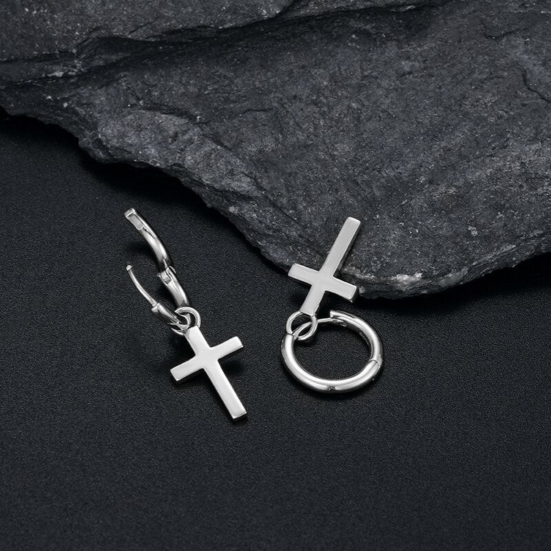 18k Gold Over Genuine Solid 925 Sterling Silver Huggie Hoop Cross Dangling Earrings