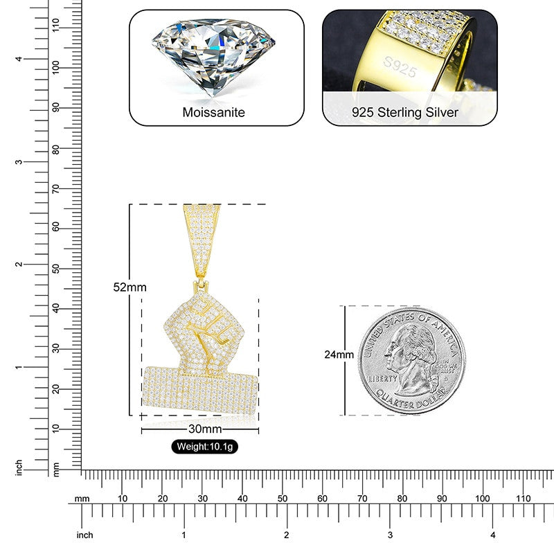 Genuine 925 Sterling Silver VVS Lab Diamond Black Power Fist Hip Hop Chain Necklace