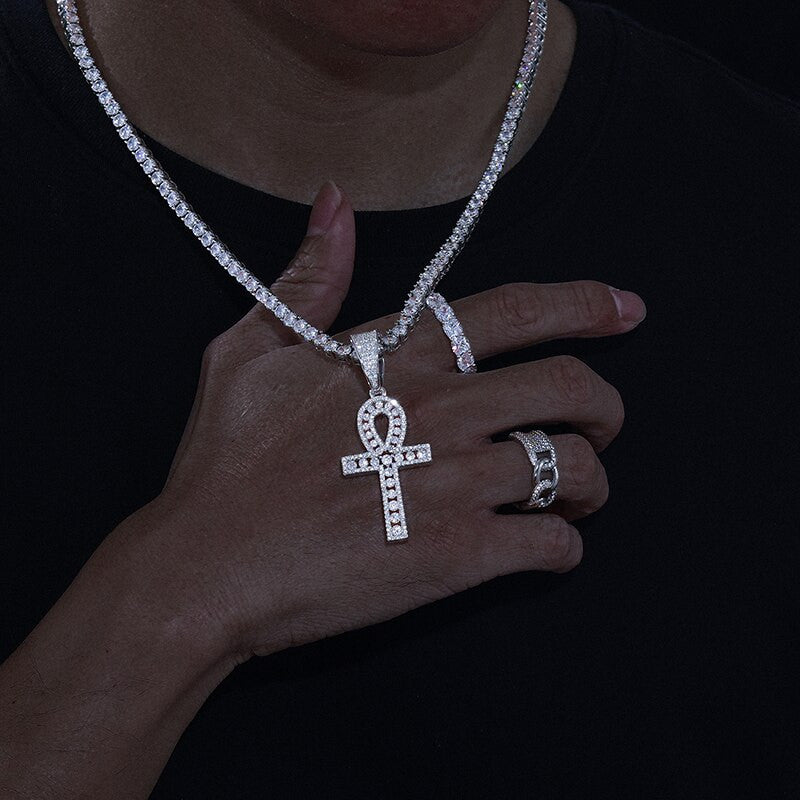 Genuine VVS Diamond Original Ankh Cross Solid Silver Spiritual Pendant Chain