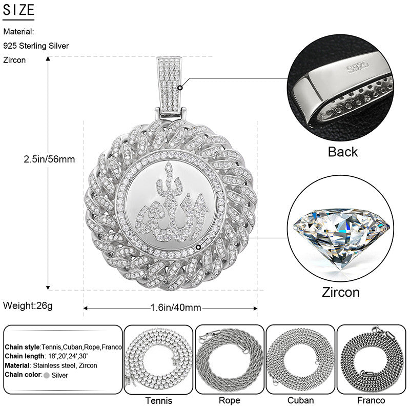Mens Solid 925 Sterling Silver Allah Flooded Ice Hip Hop Pendant