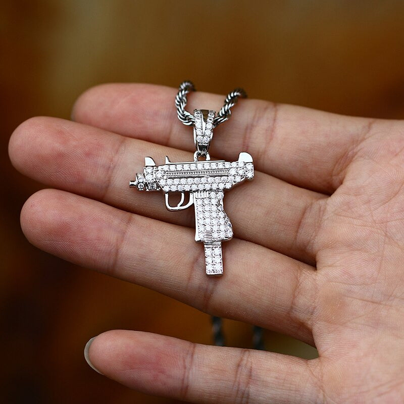 Solid 925 Sterling Silver UZI Machine 5A Diamond Simulate Hip Hop Pendant Chain
