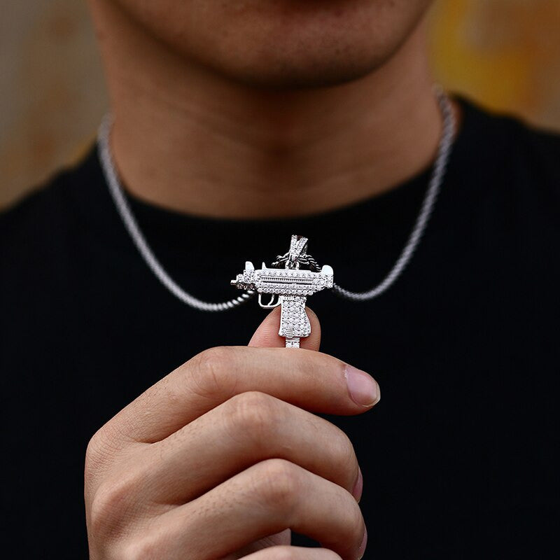 925 Sterling Silver Iced Out Uzi Submachine Gun Pendant – CZ Micro Pave Hip Hop Charm